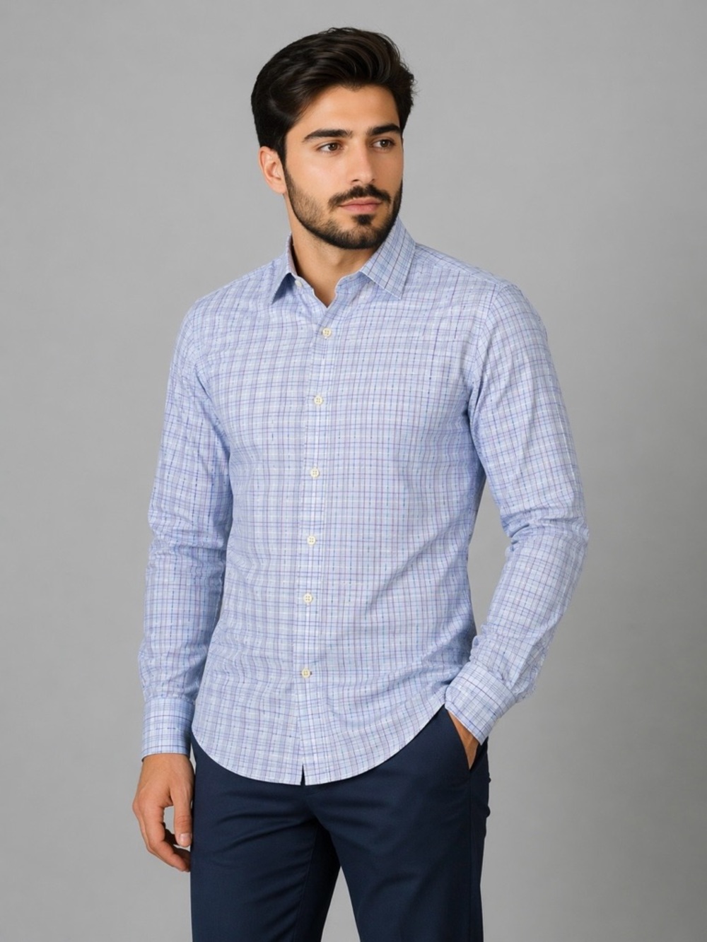 Banana Republic Mens Large Blue Plaid Button Up Shirt Slim Fit Non-Iron Tailored